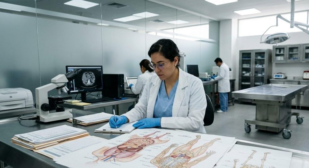 Proceso para determinar la causa de muerte en medicina forense en laboratorio especializado