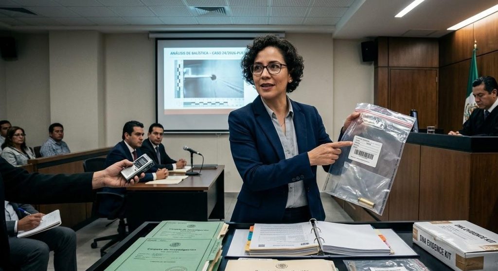 Peritaje criminalístico en proceso legal con expertos forenses analizando evidencia