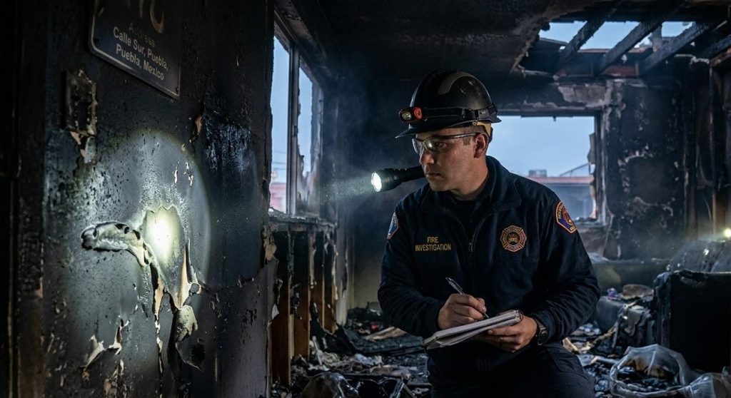 Investigador realizando un peritaje de incendios en el lugar del siniestro