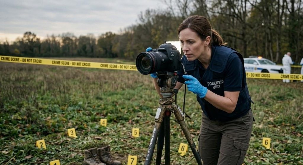 Fotografía forense mostrando la documentación detallada de una escena del crimen para evidencias judiciales